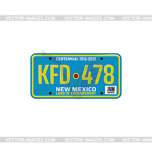 Vehicle number plate of New Mexico state - vector clipart