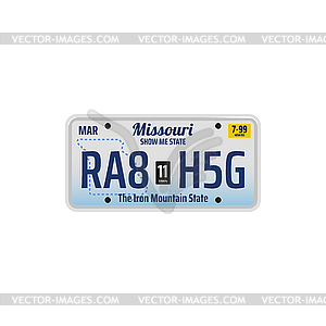 Номерной знак регистрационного знака автомобиля Миссури - векторная иллюстрация