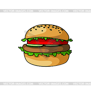 Burger with chop, tomato and cucumbers, sesame bun - vector clipart