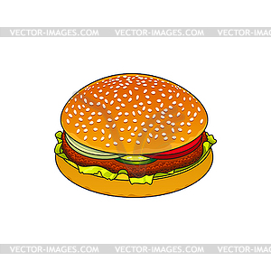 Burger with chop, tomato and cucumbers, sesame bun - vector clip art