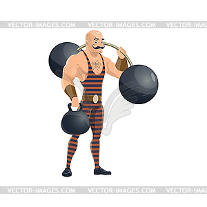 Muscleman with barbells, vintage circus - vector clipart