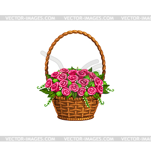 Valentine day and wedding, rose flowers in wicker - vector image