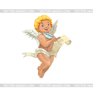 Valentine day, cupid angel with quill and scroll - royalty-free vector clipart