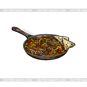 Fajitas with bell pepper, tortillas sauce - vector clip art