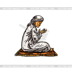 Muslim man praying kneeling on carpet - royalty-free vector clipart