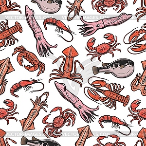 Crab, lobster, shrimp, fugu fish seamless pattern - vector image