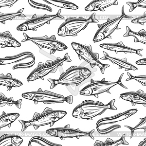 Sea and ocean fishes, fishing seamless pattern - white & black vector clipart
