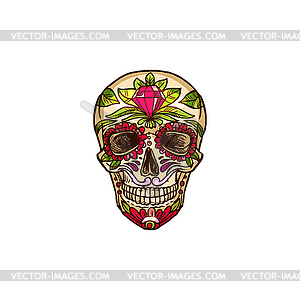 Skull with diamond, floral decor, mexican calavera - vector clip art