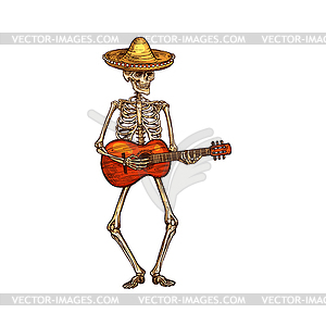 Skeleton playing on guitar, dead in sombrero hat - vector clipart