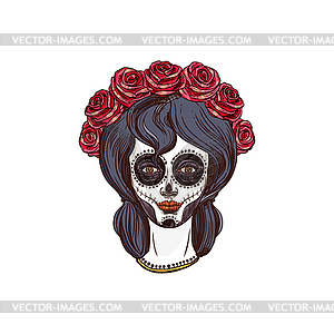 Woman skull with long hair decorated by flowers - vector clipart