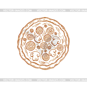 Pepperoni pizza with mushrooms and tomatoes - vector clipart