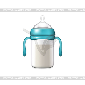 Breastfeeding, baby milk bottle with pacifier - vector image