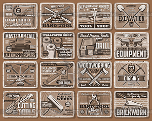 Hand tool retro posters of construction equipment - vector image