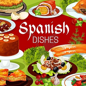 Spanish cuisine food of fish, meat with desserts - vector image