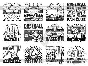 Baseball sport ball, bat, stadium and player icons - vector clipart