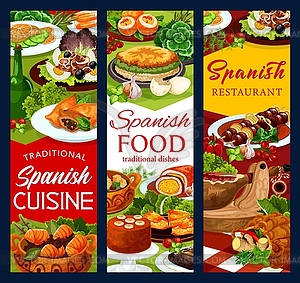 Spanish cuisine food banners, fish and meat dishes - vector clipart