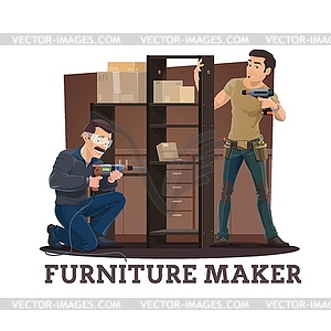 Furniture makers assembling cupboard with shelves - vector image