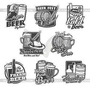 Beer alcohol drink icons of bottles, glasses, mugs - vector image