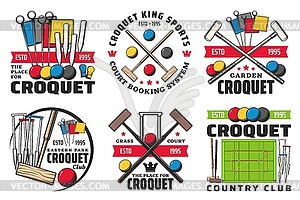 Croquet sport ball, mallet, wicket icons - vector image