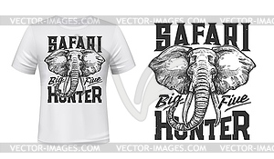 Elephant t-shirt print mockup of safari hunting - vector clipart