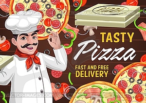 Pizza and chef, Italian restaurant delivery poster - color vector clipart