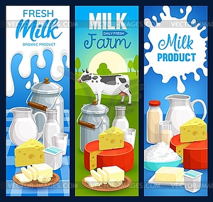 Milk food products of dairy farm, banners - vector image