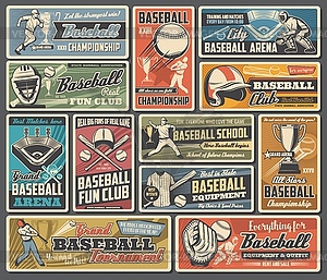 Baseball sport ball, bat and player retro posters - vector clipart / vector image