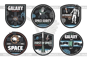 Space and galaxy icons of spaceships and astronaut - royalty-free vector clipart