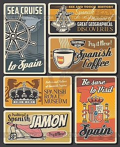 Spanish cuisine food, coffee drink and sea travel - vector clip art