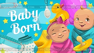 Newborn boy and girl, baby shower greeting card - vector image