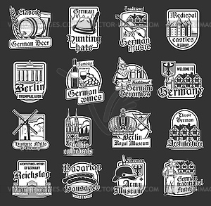 Icons of German travel landmarks - vector image