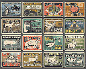 Agriculture retro posters, farm animals, vegetable - vector image