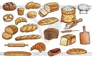 Bread and pastry color sketches - vector clip art