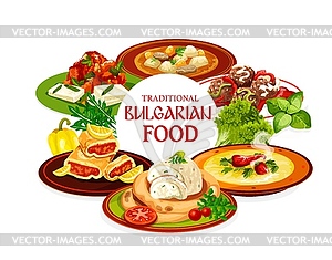 Bulgarian food, meat vegetable dishes with cake - vector clipart