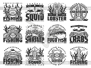 Fishing sport, fish and seafood icons - vector clipart