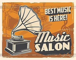 Retro gramophone and drum, music salon poster - vector image