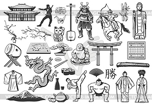 Японские иконки с азиатской едой, религией и культурой - изображение в формате EPS