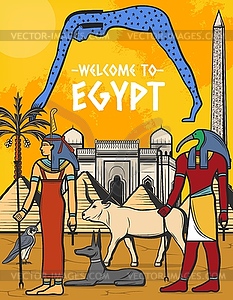 Egypt travel poster, Egyptian pyramid landmarks - vector clipart