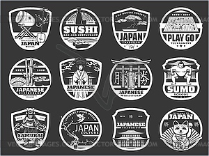 Japan religion, history and culture, sushi icons - vector clipart