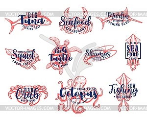 Seafood lettering, fishing club, fish market - vector image