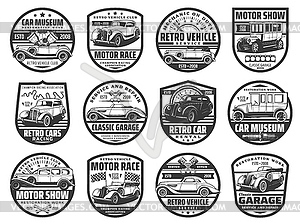 Motor show, retro cars races and museum icons - vector clip art