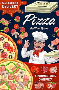 Pizza order delivery, pizzaiolo, Italian pizzeria - vector image