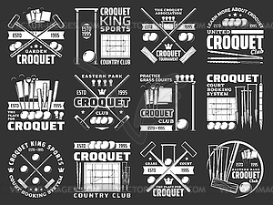 Croquet items and equipment icons, sport club sign - vector clipart