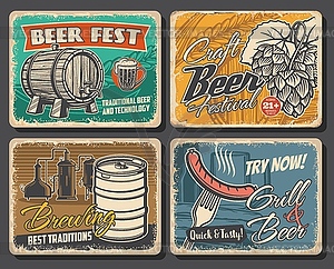 Beer brewery, grill snacks retro posters - vector image