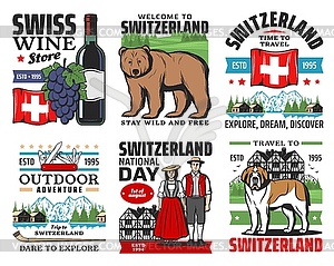 Swiss travel icons, Switzerland Alps mountains - vector clip art