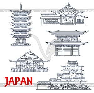 Japan temples, Japanese pagoda buildings Kamakura - vector clipart