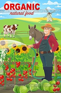 Фермер на ферме, сельское хозяйство сельской рабочий человек - стоковое векторное изображение
