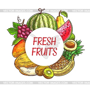 Fresh fruits sketch poster, farm market - vector image