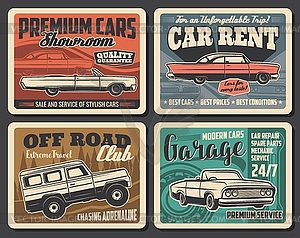 Vintage cars service, rental, auto repair garage - vector image