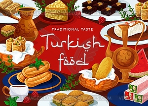 Turkish cuisine desserts food menu, pastry sweets - vector clipart